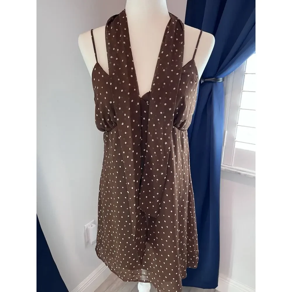 White Polka Dot (L) Brown Mini Dress-Babydoll Slip Dress-COQUETTE-Scarf-PLAYFUL - Picture 6 of 14